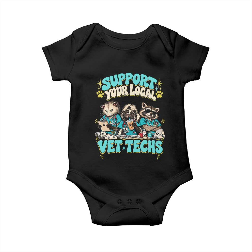 Support Your Local Vet Techs Baby Onesie Retro Groovy Opossum Skunk Raccoon Veterinary Technician