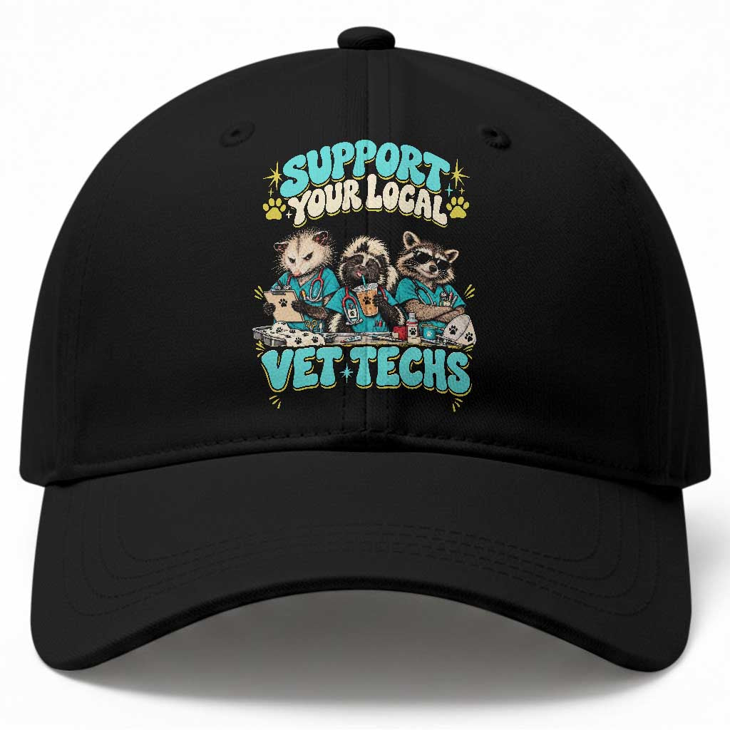 Support Your Local Vet Techs Baseball Cap Retro Groovy Opossum Skunk Raccoon Veterinary Technician