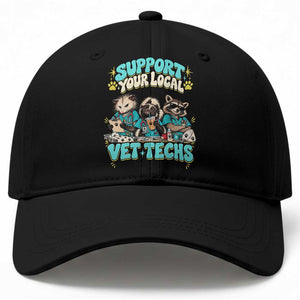 Support Your Local Vet Techs Baseball Cap Retro Groovy Opossum Skunk Raccoon Veterinary Technician