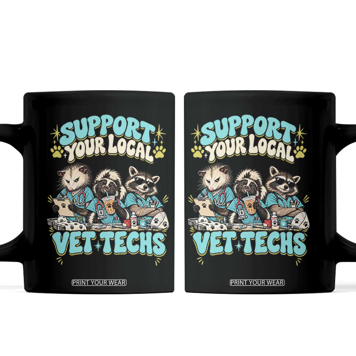 Support Your Local Vet Techs Coffee Mug Retro Groovy Opossum Skunk Raccoon Veterinary Technician