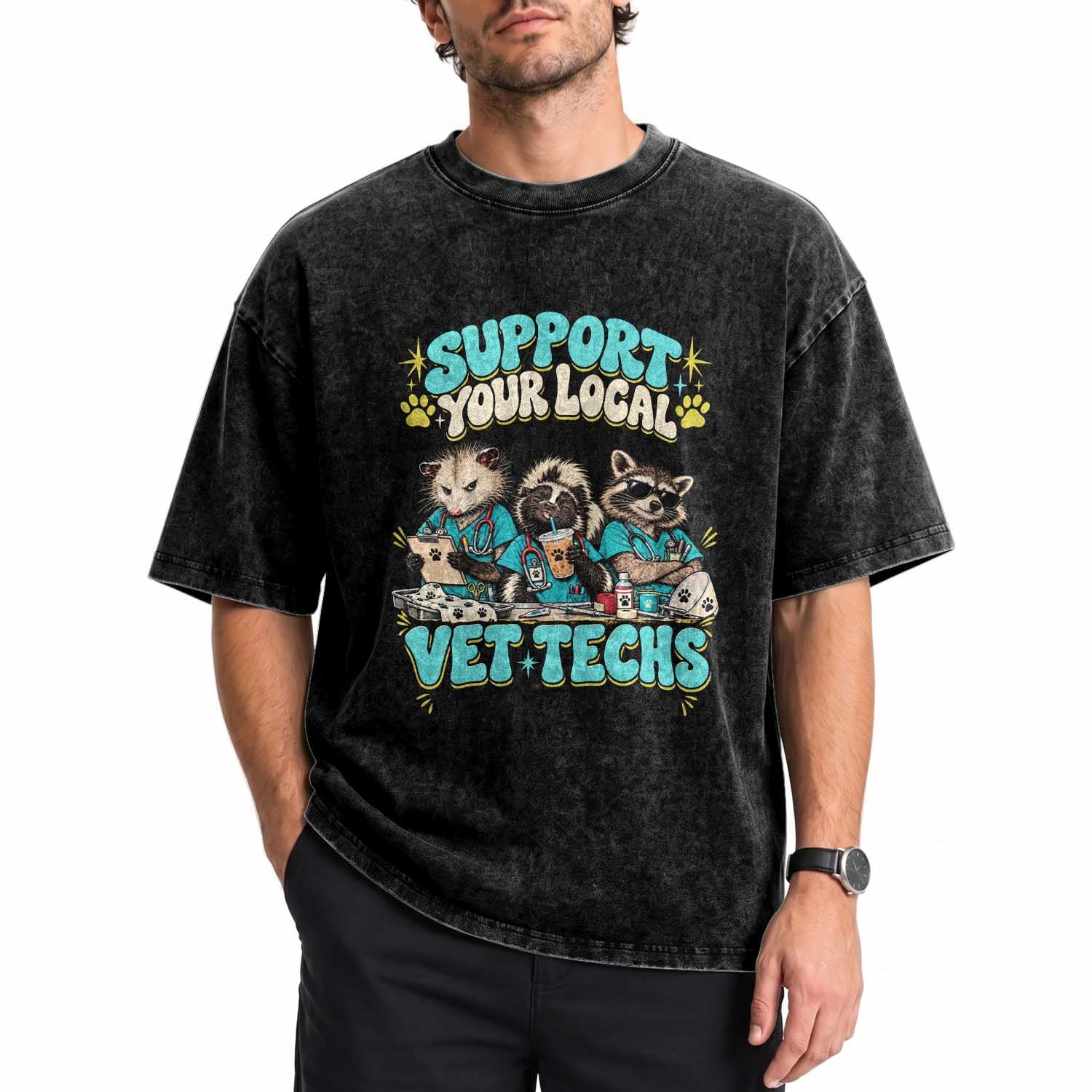 Support Your Local Vet Techs Washed Cotton T-Shirt Retro Groovy Opossum Skunk Raccoon Veterinary Technician