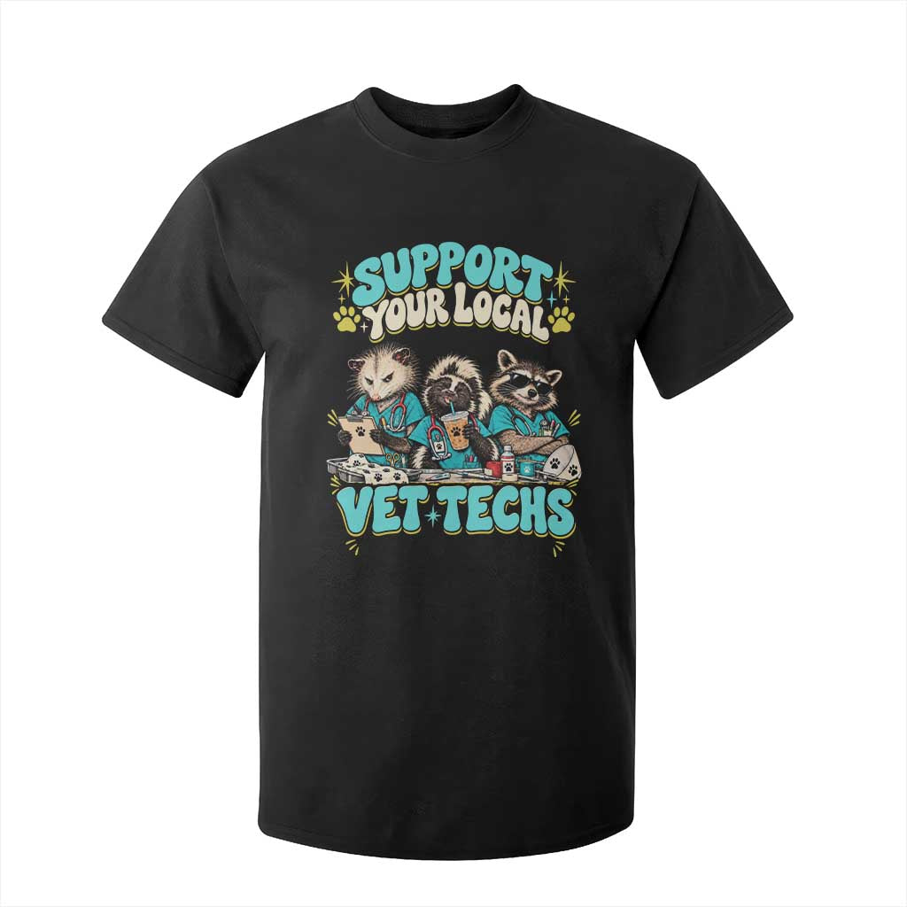 Support Your Local Vet Techs T Shirt For Kid Retro Groovy Opossum Skunk Raccoon Veterinary Technician