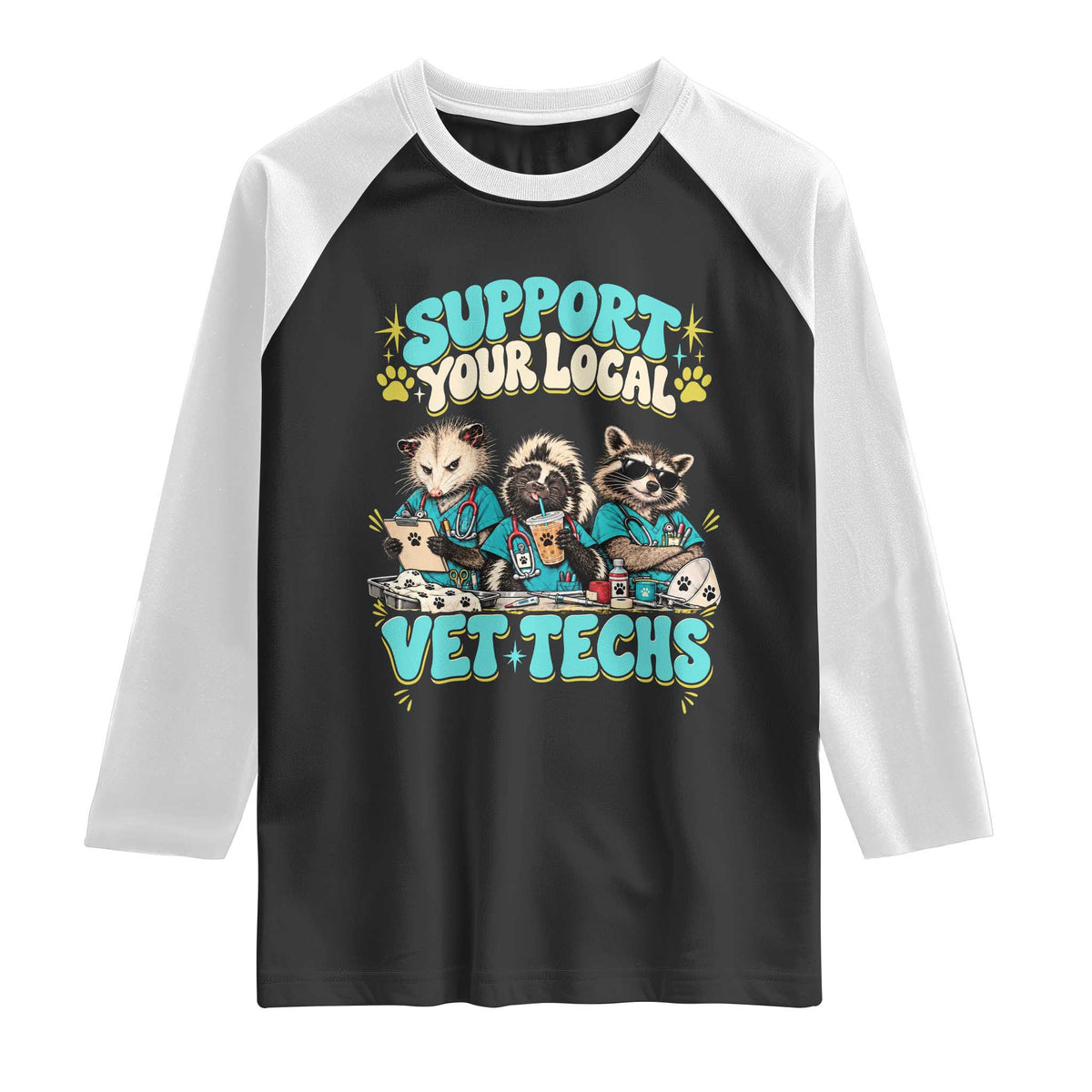 Support Your Local Vet Techs Raglan Shirt Retro Groovy Opossum Skunk Raccoon Veterinary Technician