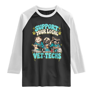 Support Your Local Vet Techs Raglan Shirt Retro Groovy Opossum Skunk Raccoon Veterinary Technician