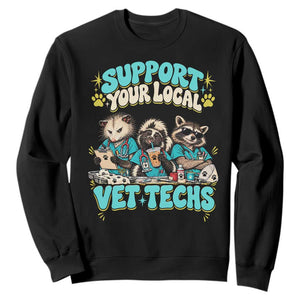 Support Your Local Vet Techs Sweatshirt Retro Groovy Opossum Skunk Raccoon Veterinary Technician