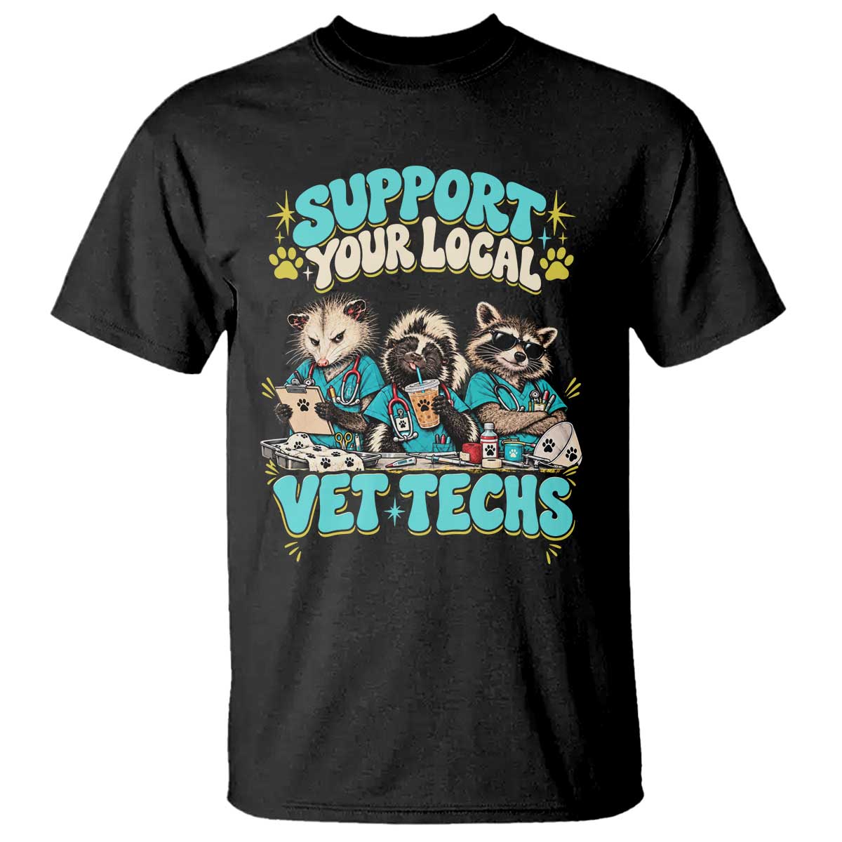 Support Your Local Vet Techs T Shirt Retro Groovy Opossum Skunk Raccoon Veterinary Technician
