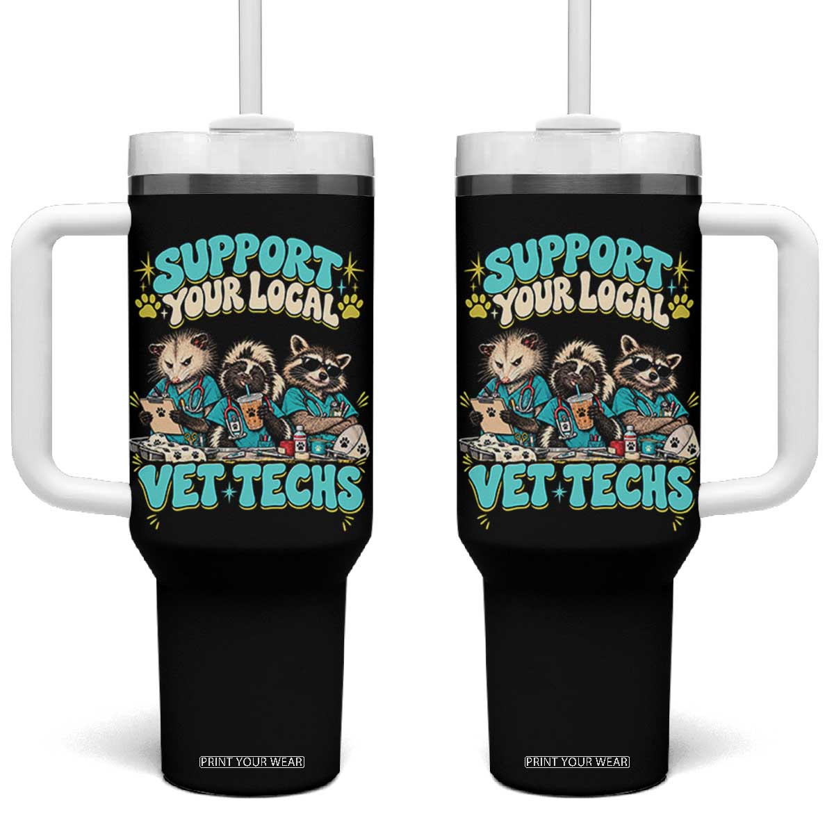 Support Your Local Vet Techs Tumbler With Handle Retro Groovy Opossum Skunk Raccoon Veterinary Technician