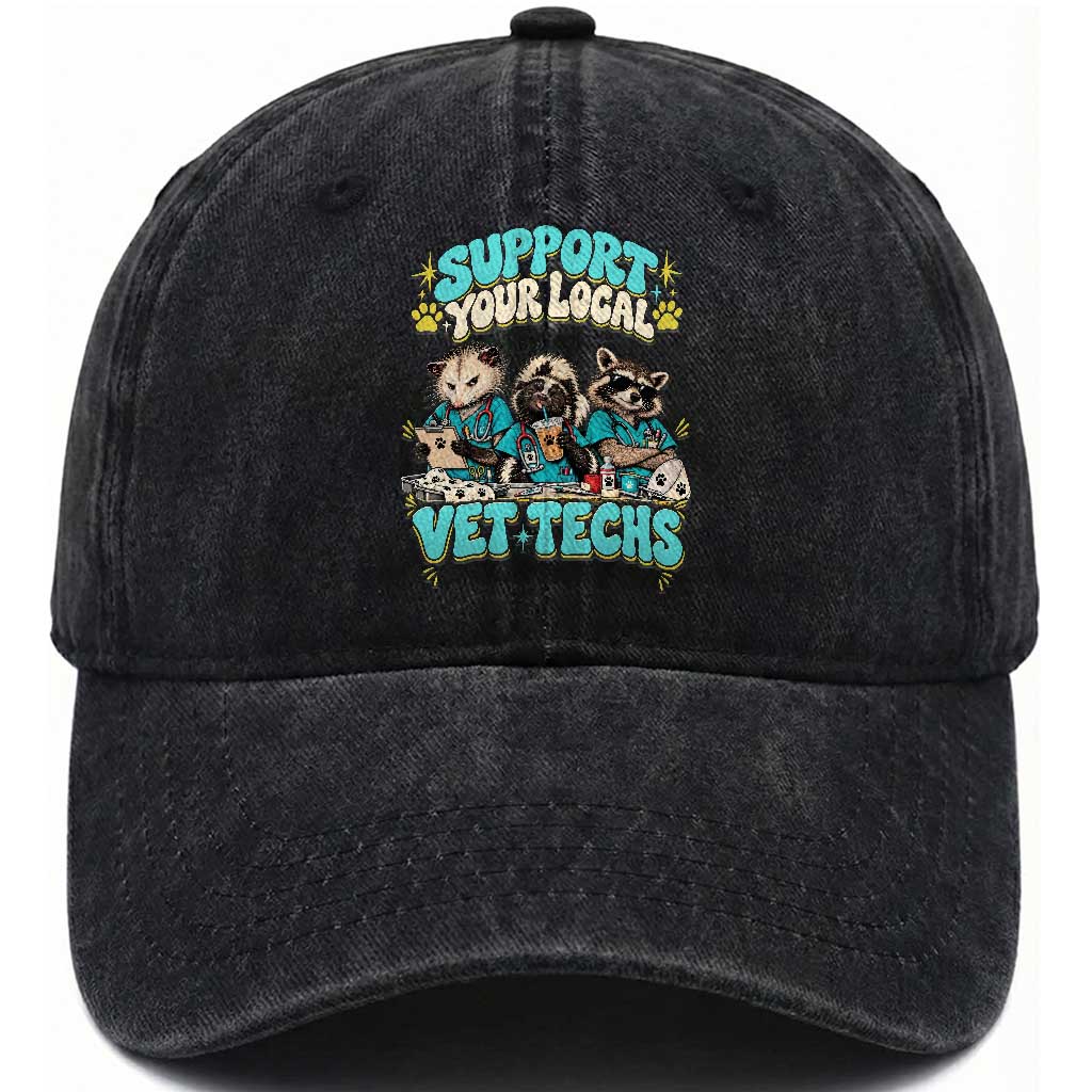 Support Your Local Vet Techs Washed Cotton Baseball Cap Retro Groovy Opossum Skunk Raccoon Veterinary Technician