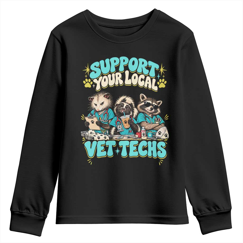 Support Your Local Vet Techs Youth Sweatshirt Retro Groovy Opossum Skunk Raccoon Veterinary Technician