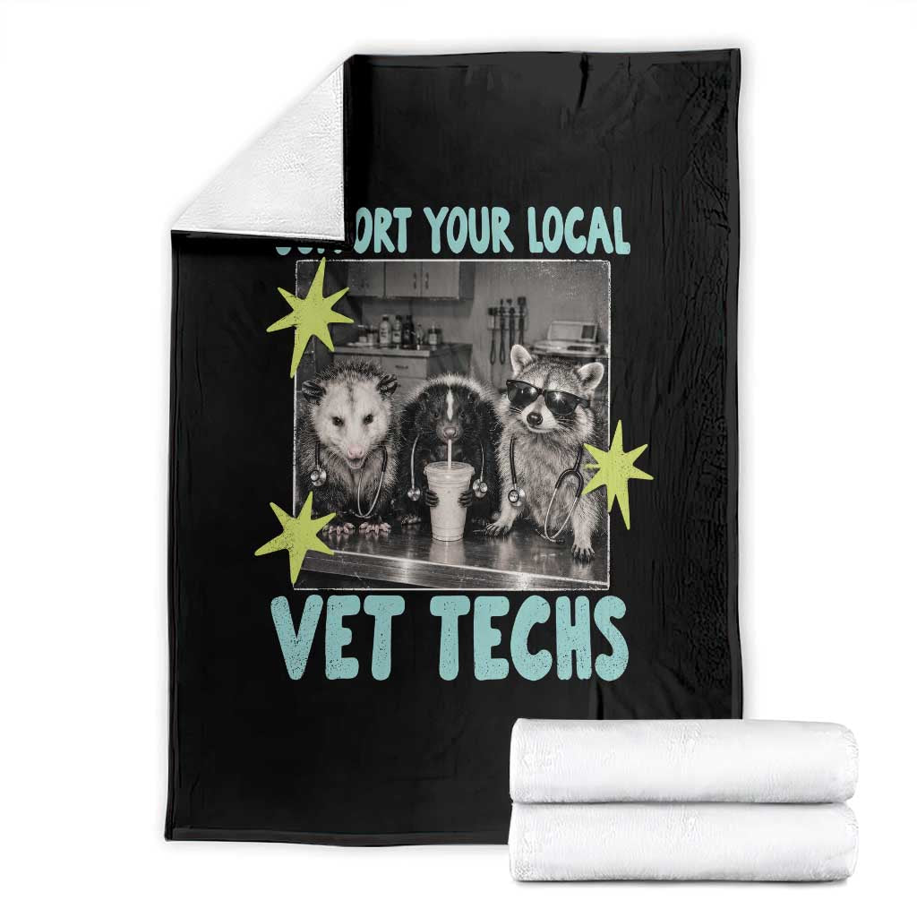 Support Your Local Vet Techs Throw Blanket Retro Opossum Skunk Raccoon Veterinary Technician Assistant