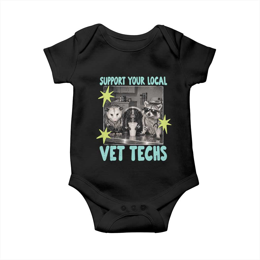 Support Your Local Vet Techs Baby Onesie Retro Opossum Skunk Raccoon Veterinary Technician Assistant