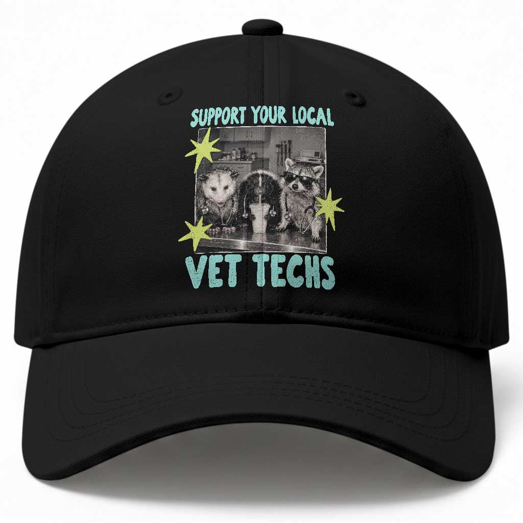 Support Your Local Vet Techs Baseball Cap Retro Opossum Skunk Raccoon Veterinary Technician Assistant