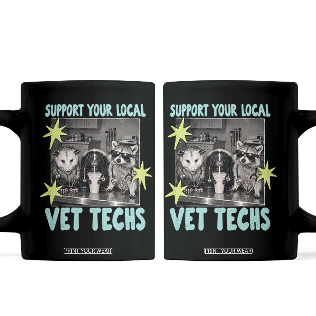 Support Your Local Vet Techs Coffee Mug Retro Opossum Skunk Raccoon Veterinary Technician Assistant