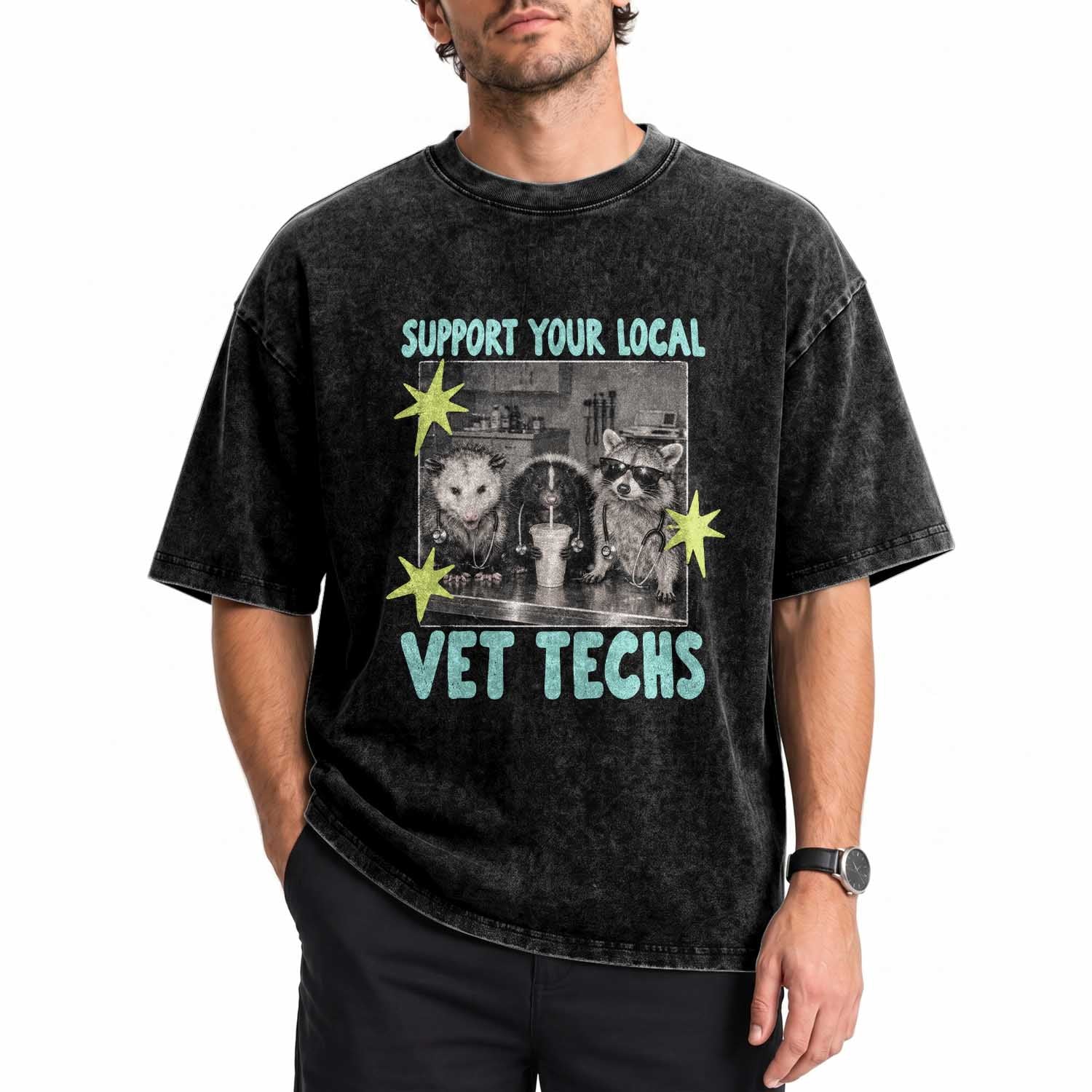 Support Your Local Vet Techs Washed Cotton T-Shirt Retro Opossum Skunk Raccoon Veterinary Technician Assistant