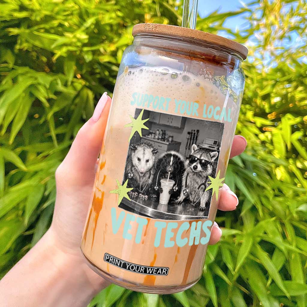 Support Your Local Vet Techs Glass Can Retro Opossum Skunk Raccoon Veterinary Technician Assistant