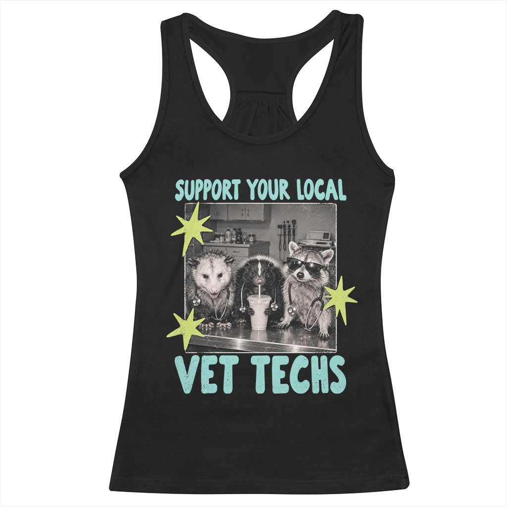 Support Your Local Vet Techs Racerback Tank Top Retro Opossum Skunk Raccoon Veterinary Technician Assistant