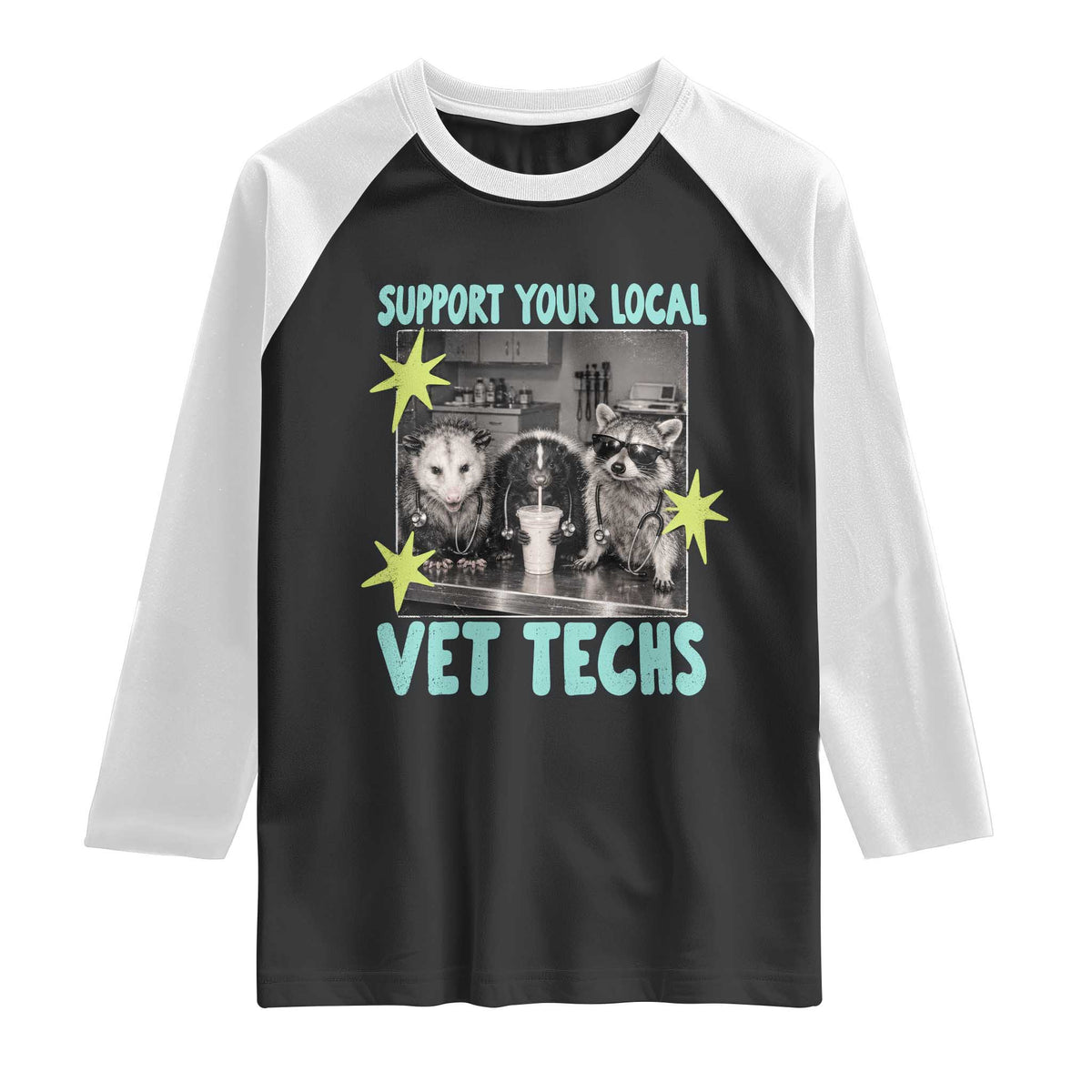 Support Your Local Vet Techs Raglan Shirt Retro Opossum Skunk Raccoon Veterinary Technician Assistant