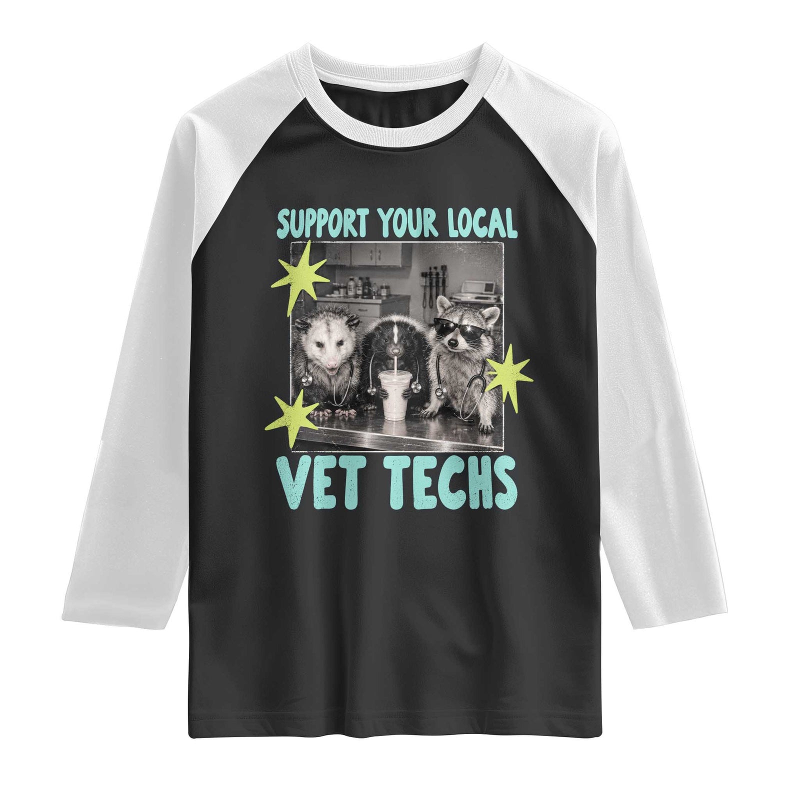 Support Your Local Vet Techs Raglan Shirt Retro Opossum Skunk Raccoon Veterinary Technician Assistant