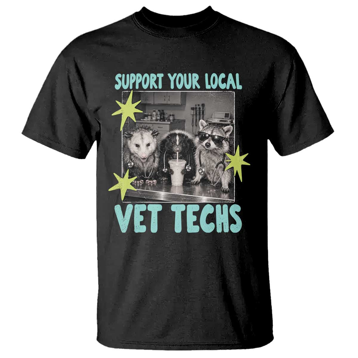 Support Your Local Vet Techs T Shirt Retro Opossum Skunk Raccoon Veterinary Technician Assistant