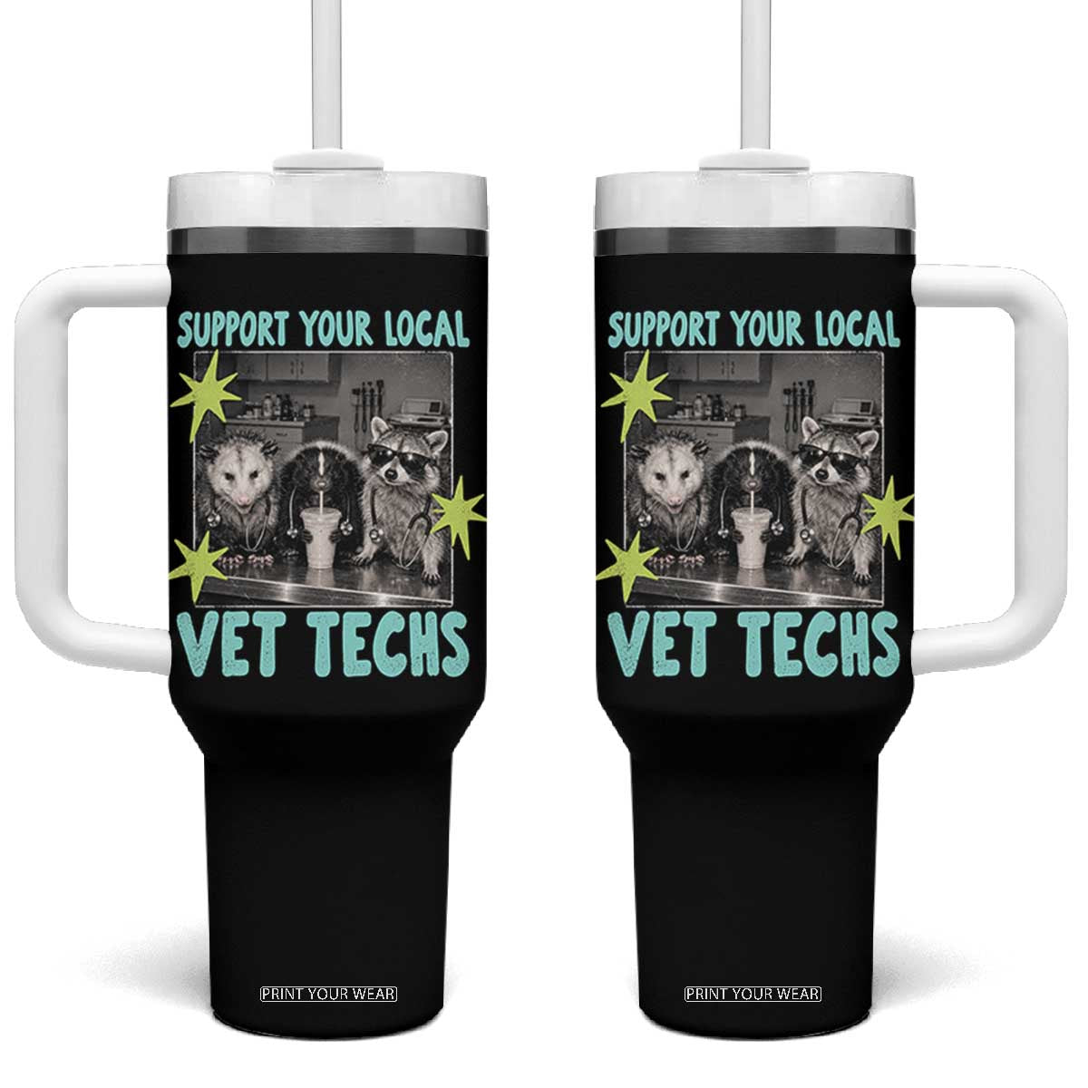 Support Your Local Vet Techs Tumbler With Handle Retro Opossum Skunk Raccoon Veterinary Technician Assistant