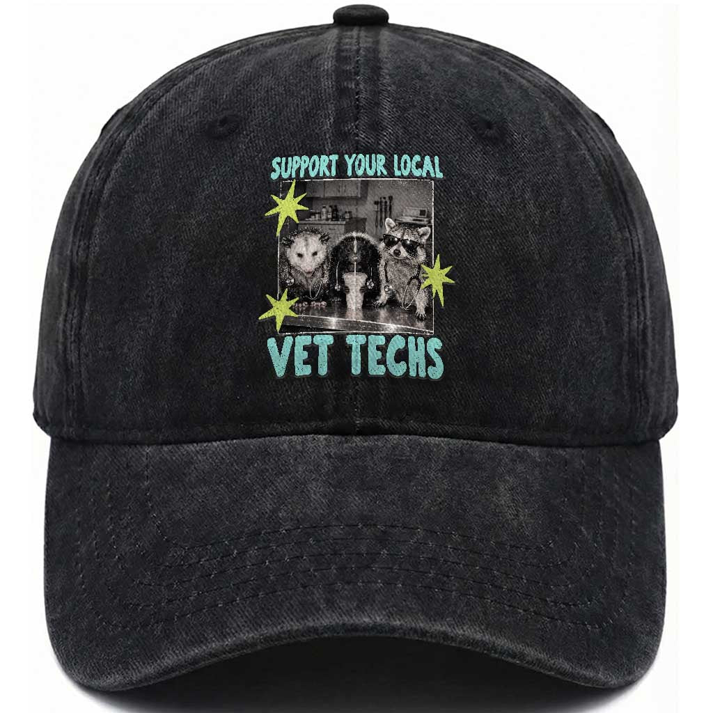 Support Your Local Vet Techs Washed Cotton Baseball Cap Retro Opossum Skunk Raccoon Veterinary Technician Assistant
