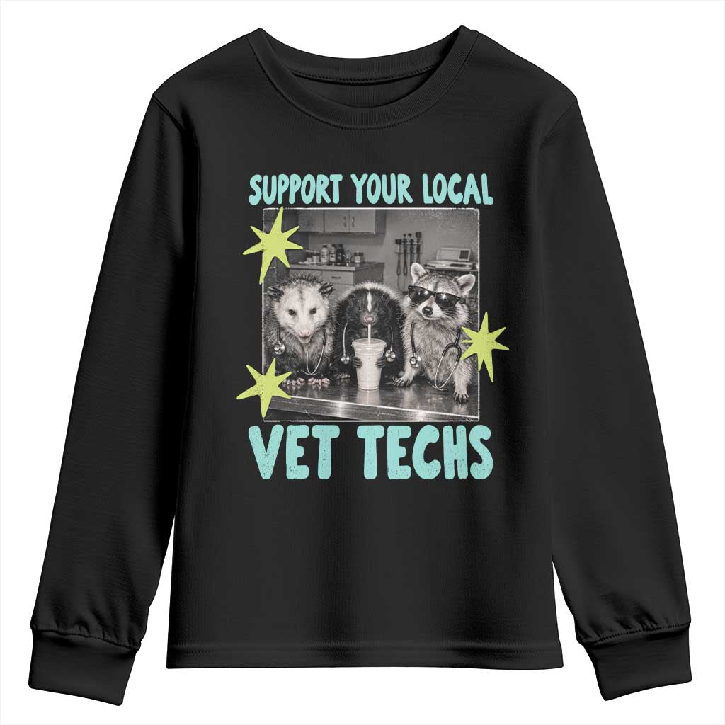 Support Your Local Vet Techs Youth Sweatshirt Retro Opossum Skunk Raccoon Veterinary Technician Assistant