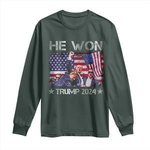 Trump Won 2024 Long Sleeve Shirt He Won President 47th American Flag TS10 Dark Forest Green Print Your Wear