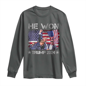 Trump Won 2024 Long Sleeve Shirt He Won President 47th American Flag TS10 Dark Heather Print Your Wear