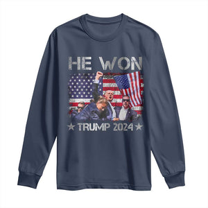 Trump Won 2024 Long Sleeve Shirt He Won President 47th American Flag TS10 Navy Print Your Wear