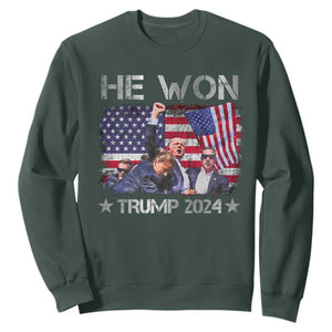 Trump Won 2024 Sweatshirt He Won President 47th American Flag TS10 Dark Forest Green Print Your Wear