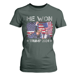 Trump Won 2024 T Shirt For Women He Won President 47th American Flag TS10 Dark Forest Green Print Your Wear