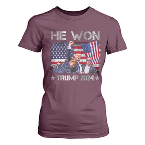 Trump Won 2024 T Shirt For Women He Won President 47th American Flag TS10 Maroon Print Your Wear