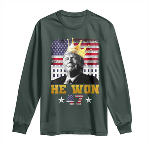 Trump Won 2024 Long Sleeve Shirt He Won President 47th Of White HouseAmerican Flag TS10 Dark Forest Green Print Your Wear