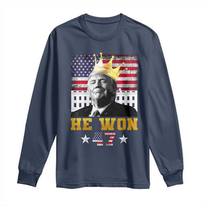 Trump Won 2024 Long Sleeve Shirt He Won President 47th Of White HouseAmerican Flag TS10 Navy Print Your Wear