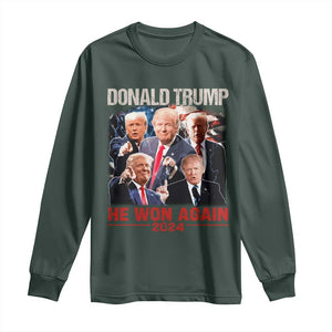 Donald Trump 2024 Long Sleeve Shirt He Won Again Retro 90s Flag TS10 Dark Forest Green Print Your Wear