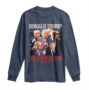 Donald Trump 2024 Long Sleeve Shirt He Won Again Retro 90s Flag TS10 Navy Print Your Wear