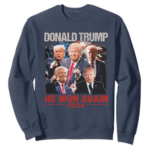 Donald Trump 2024 Sweatshirt He Won Again Retro 90s Flag TS10 Navy Print Your Wear