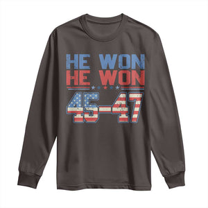 Trump 2024 Long Sleeve Shirt He Won Retro 45 47 Vintage American Flag TS10 Dark Chocolate Print Your Wear