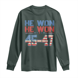 Trump 2024 Long Sleeve Shirt He Won Retro 45 47 Vintage American Flag TS10 Dark Forest Green Print Your Wear