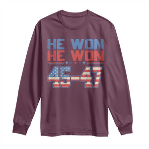 Trump 2024 Long Sleeve Shirt He Won Retro 45 47 Vintage American Flag TS10 Maroon Print Your Wear