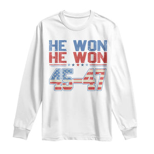 Trump 2024 Long Sleeve Shirt He Won Retro 45 47 Vintage American Flag TS10 White Print Your Wear