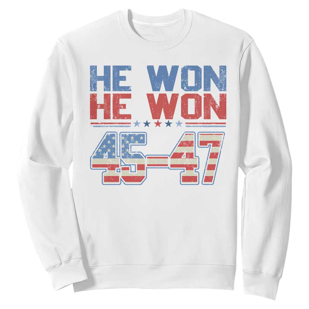 Trump 2024 Sweatshirt He Won Retro 45 47 Vintage American Flag TS10 White Print Your Wear