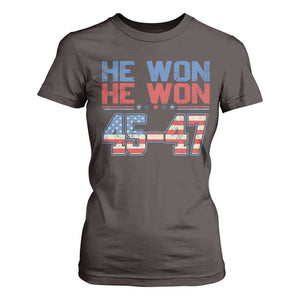 Trump 2024 T Shirt For Women He Won Retro 45 47 Vintage American Flag TS10 Dark Chocolate Print Your Wear