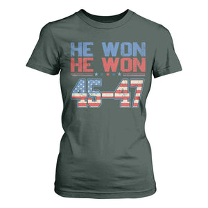 Trump 2024 T Shirt For Women He Won Retro 45 47 Vintage American Flag TS10 Dark Forest Green Print Your Wear