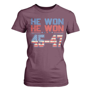 Trump 2024 T Shirt For Women He Won Retro 45 47 Vintage American Flag TS10 Maroon Print Your Wear