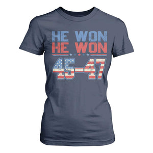 Trump 2024 T Shirt For Women He Won Retro 45 47 Vintage American Flag TS10 Navy Print Your Wear