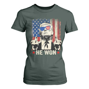 Trump Won 2024 T Shirt For Women Middle Finger 45 47Th President Usa Flag TS10 Dark Forest Green Print Your Wear