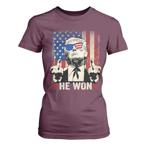 Trump Won 2024 T Shirt For Women Middle Finger 45 47Th President Usa Flag TS10 Maroon Print Your Wear