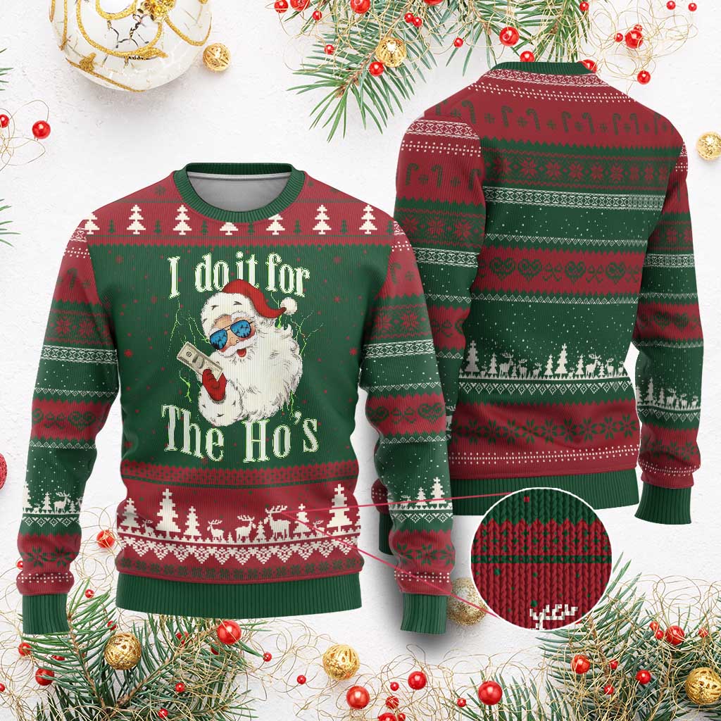 I Do It For The Hos Ugly Christmas Sweater Rude Offensive Christmas Santa Face Retro Bootleg TS10 Red Green Print Your Wear