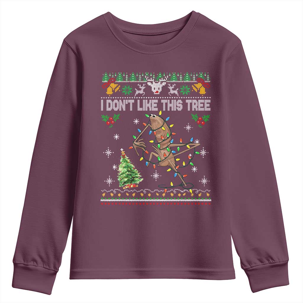 Marcus The Worm Christmas Meme Youth Sweatshirt I Dont Like This Tree Brainrot Funny Ugly Xmas TS10 Maroon Print Your Wear